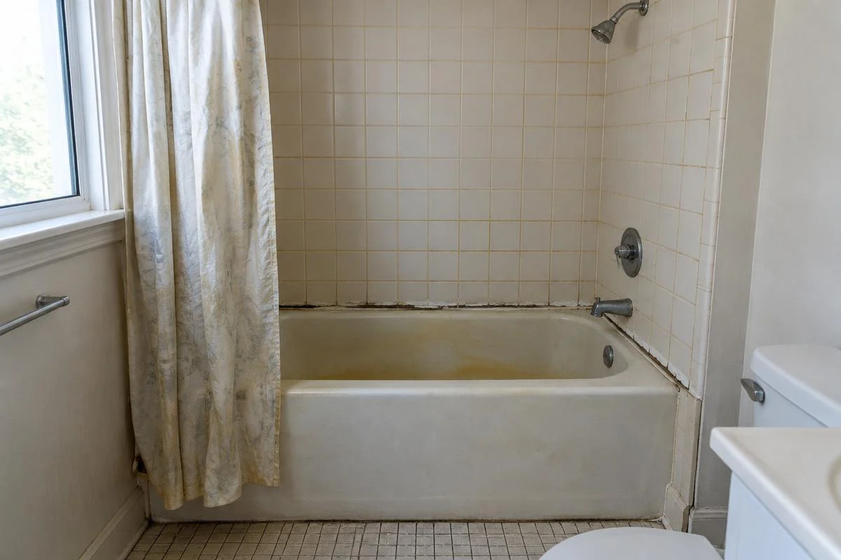 Dated stained bathtub with an old shower curtain, yellowed grout and peeling caulk