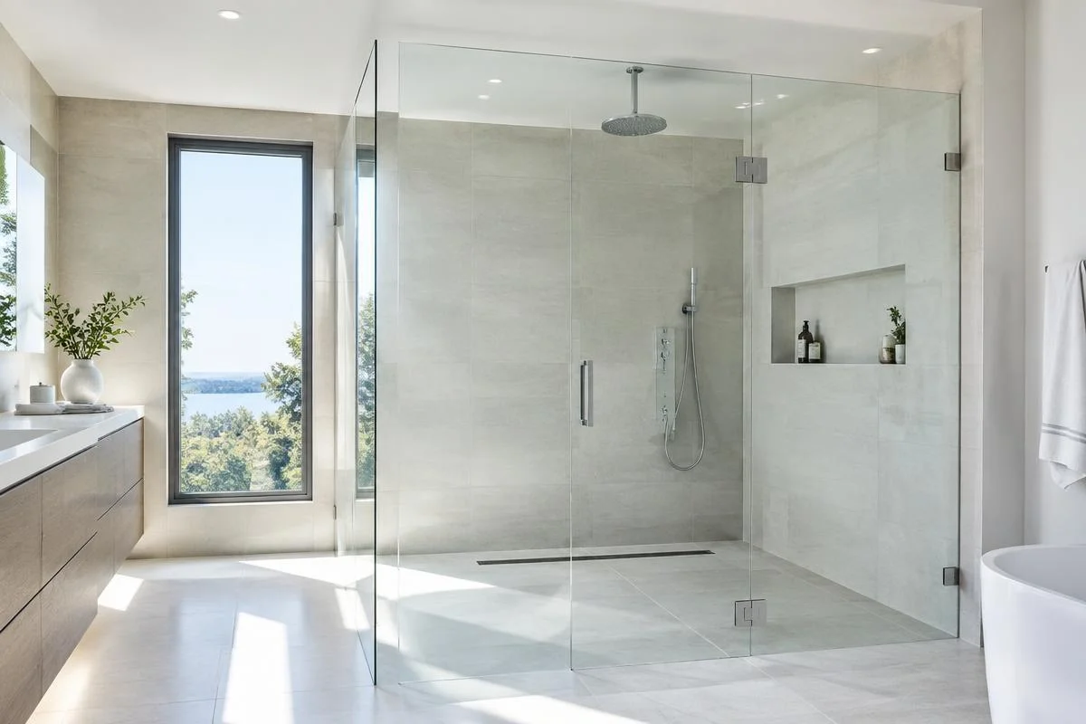 Frameless glass walk-in shower in a modern bathroom
