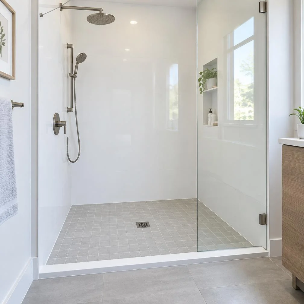 Low step-in walk-in shower with a low white threshold