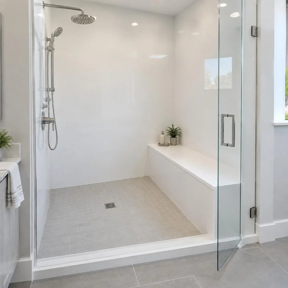 Walk-in shower with a built-in bench seat