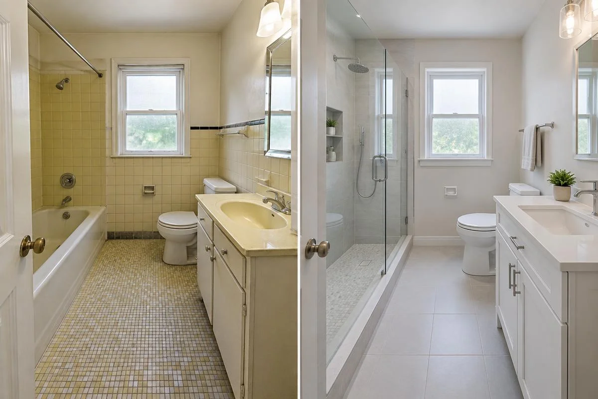 After: Illustrative before-and-after bathroom comparison