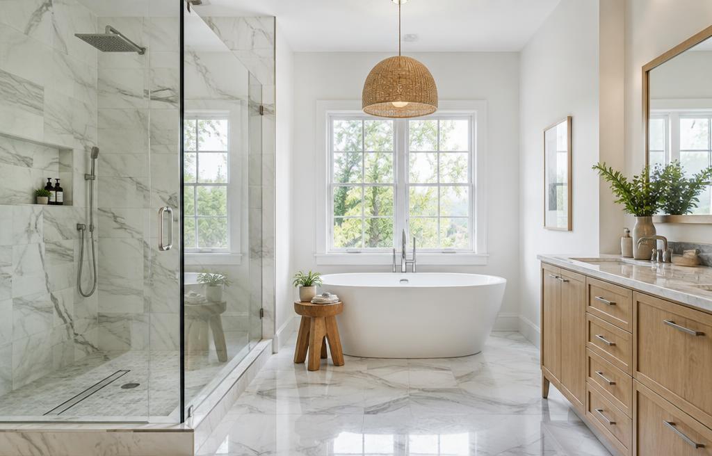 Newly remodeled bathroom with marble shower and freestanding tub