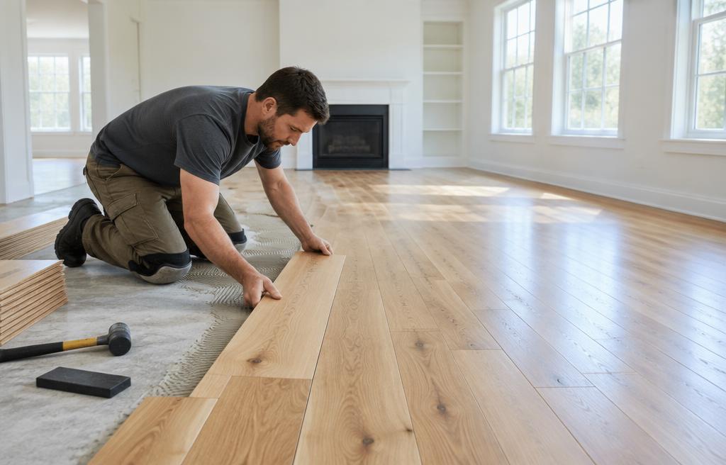 Installer laying oak hardwood flooring in a bright room