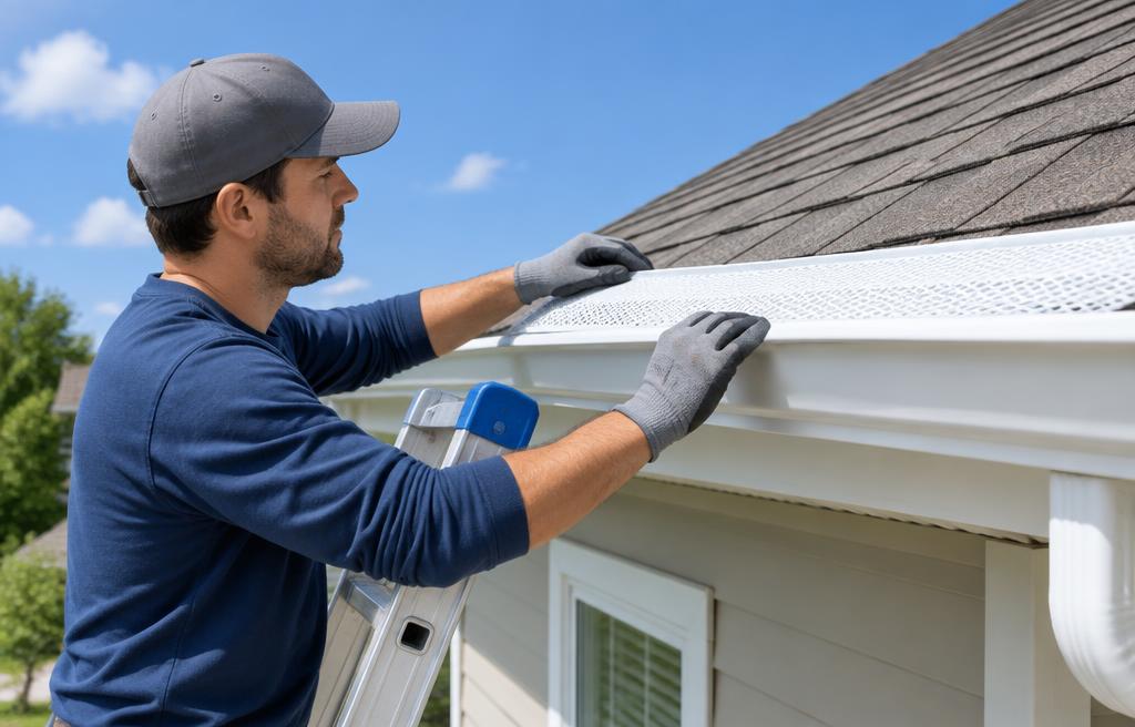 Worker fitting a gutter guard along a roof edge