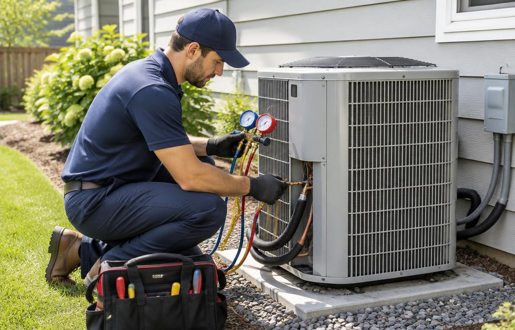 Technician servicing an outdoor air conditioning unit
