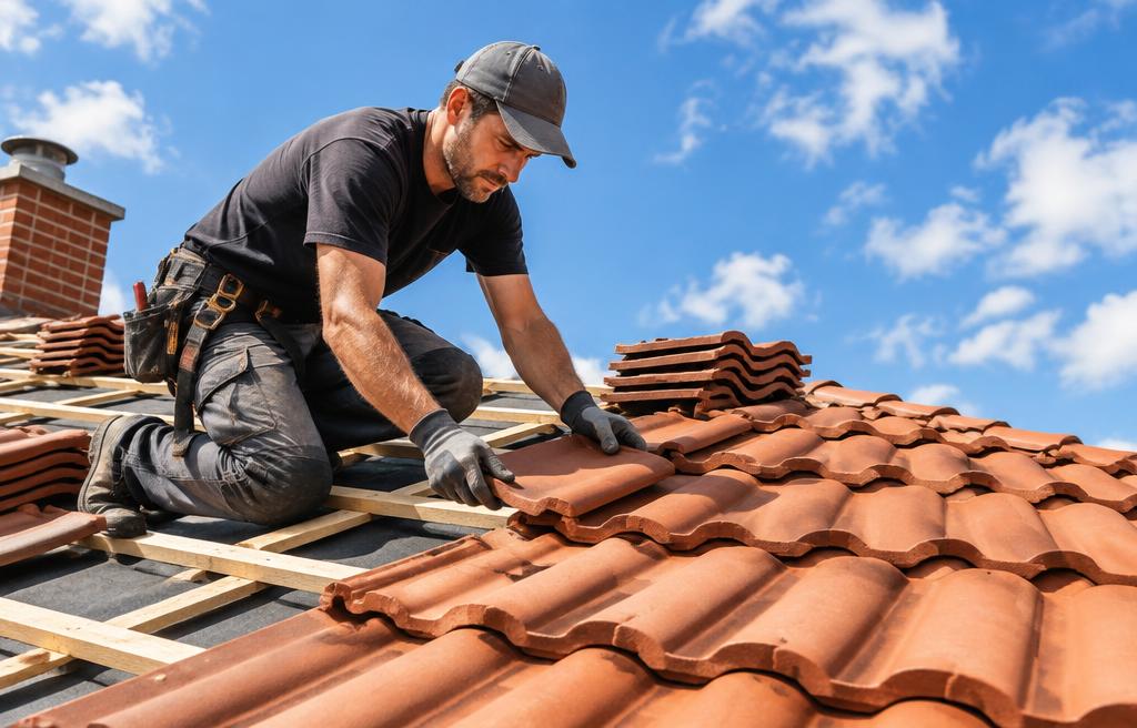 Roofer laying tiles under a blue sky