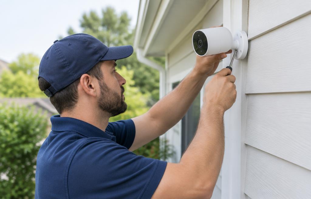Technician mounting a home security camera on a house wall