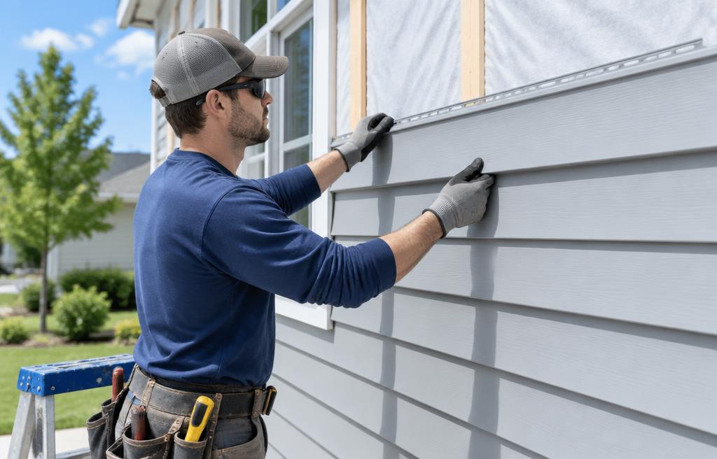 Worker installing light gray siding panels on a house
