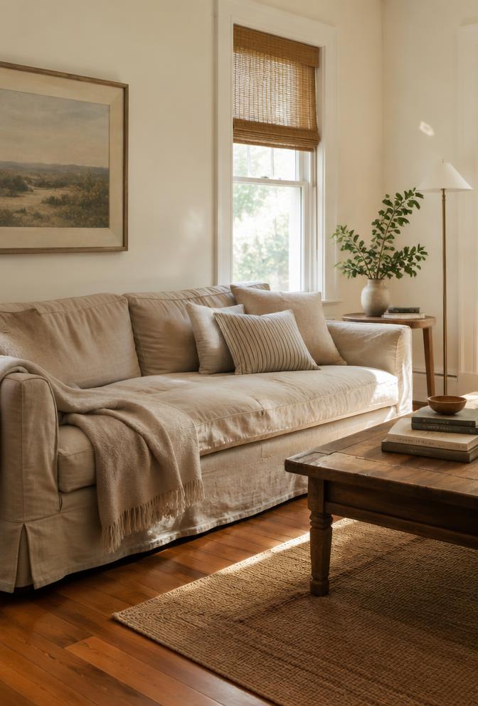 Cozy living room with warm wood floors and a linen sofa