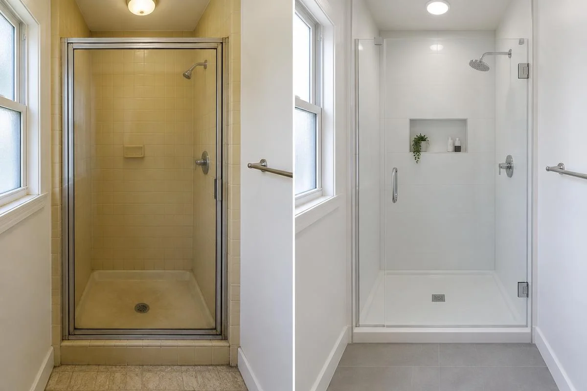 After: Illustrative before-and-after bathroom comparison