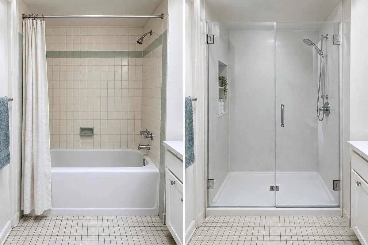 After: Illustrative before-and-after bathroom comparison