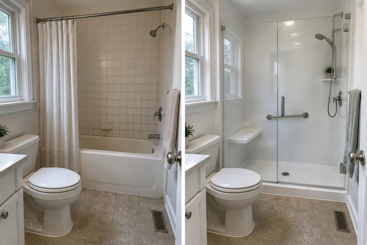 After: Illustrative before-and-after bathroom comparison